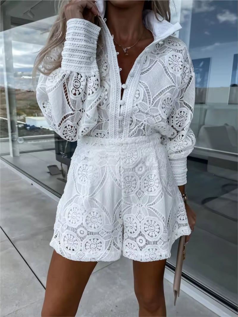Vintage Witte Kanten Shirt & Shorts Set