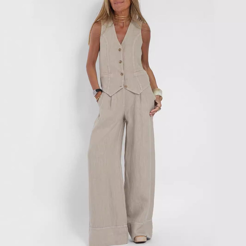 Maud™ – Zomers damespak met V-hals top & rechte broek