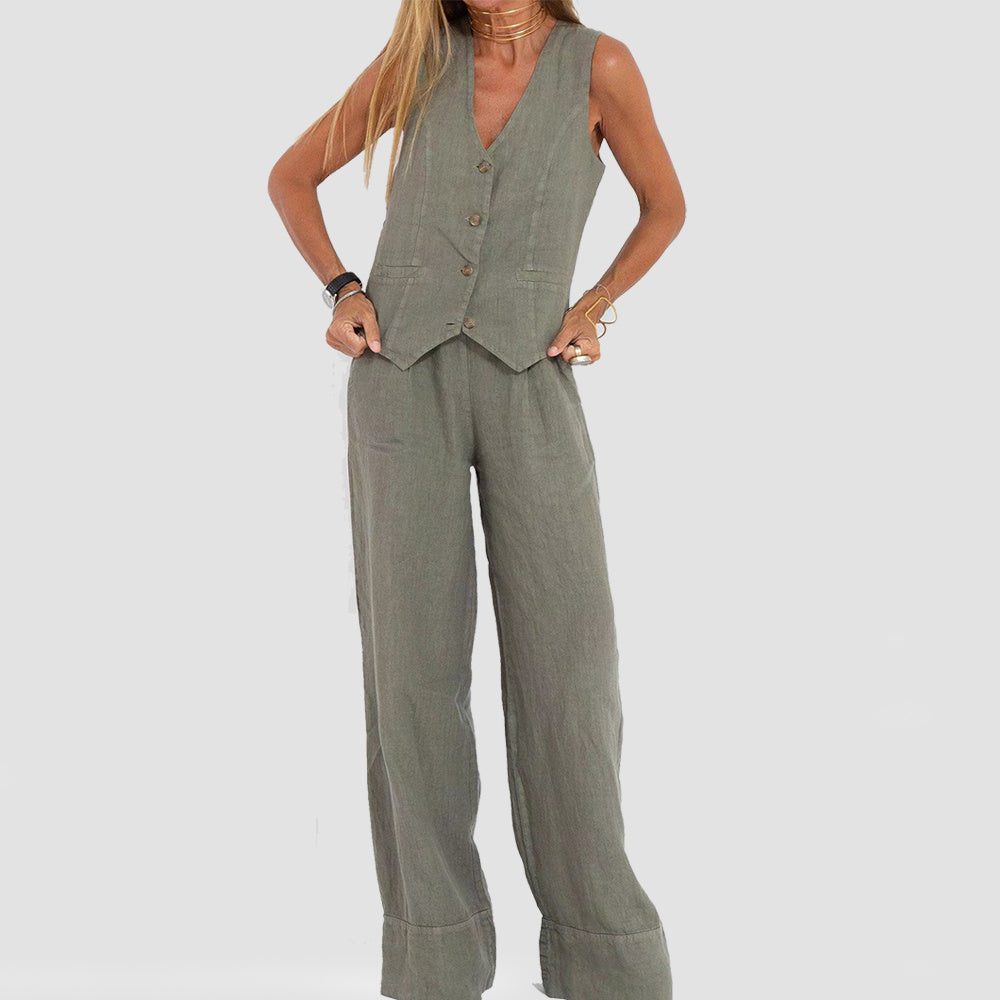 Maud™ – Zomers damespak met V-hals top & rechte broek
