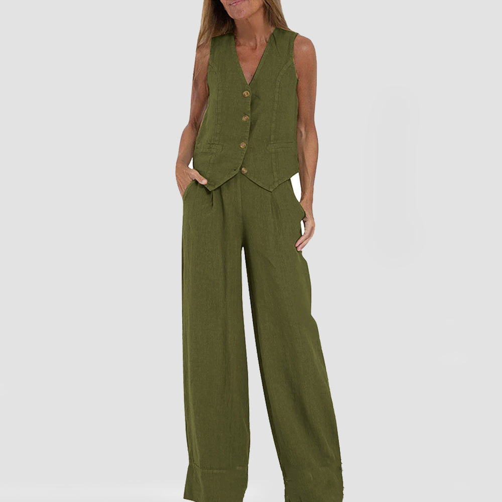 Maud™ – Zomers damespak met V-hals top & rechte broek