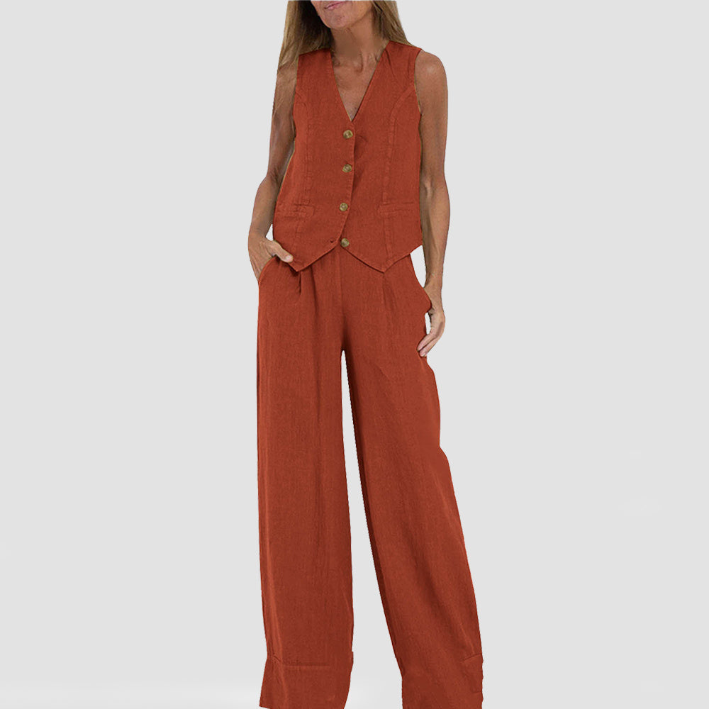 Maud™ – Zomers damespak met V-hals top & rechte broek
