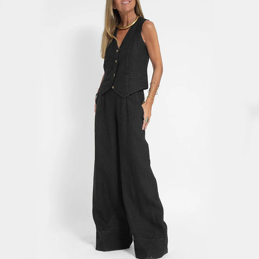 Maud™ – Zomers damespak met V-hals top & rechte broek