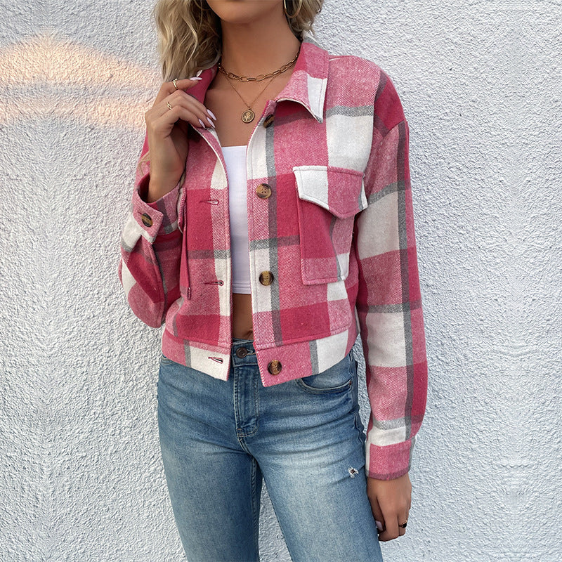 Plaid Cropped Jacket met Knopen en Zakken