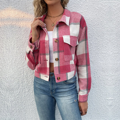 Plaid Cropped Jacket met Knopen en Zakken