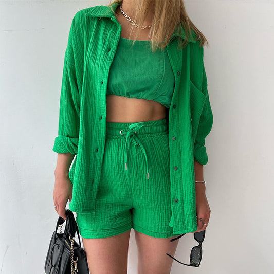 Women'S Wrinkled Fabric Lapel Long Sleeved Shirt Shorts Fashion Casual Set