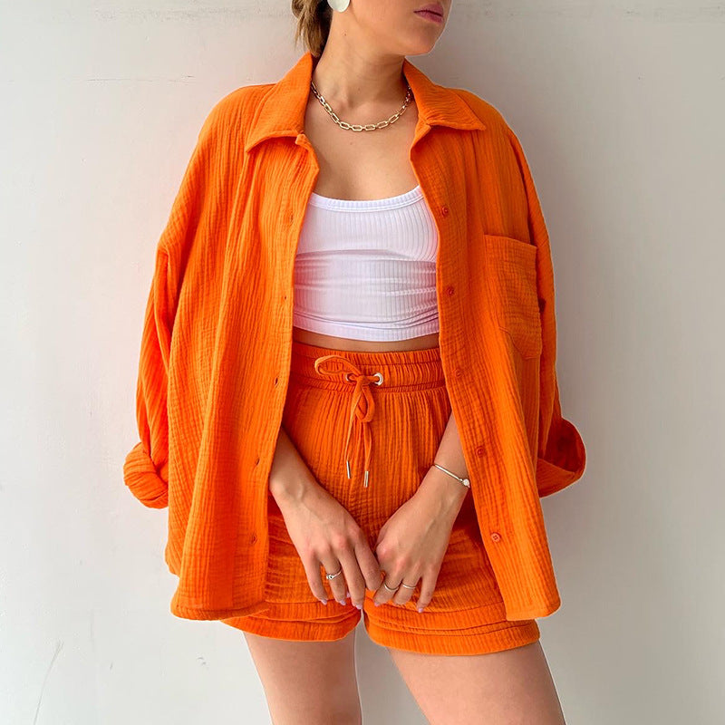 Women'S Wrinkled Fabric Lapel Long Sleeved Shirt Shorts Fashion Casual Set