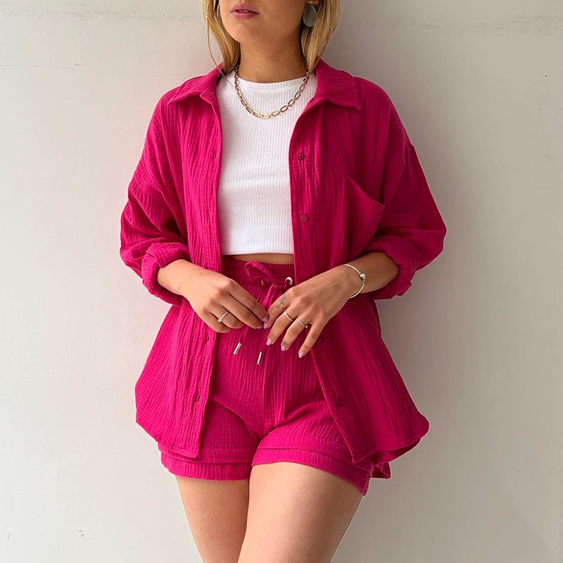 Women'S Wrinkled Fabric Lapel Long Sleeved Shirt Shorts Fashion Casual Set