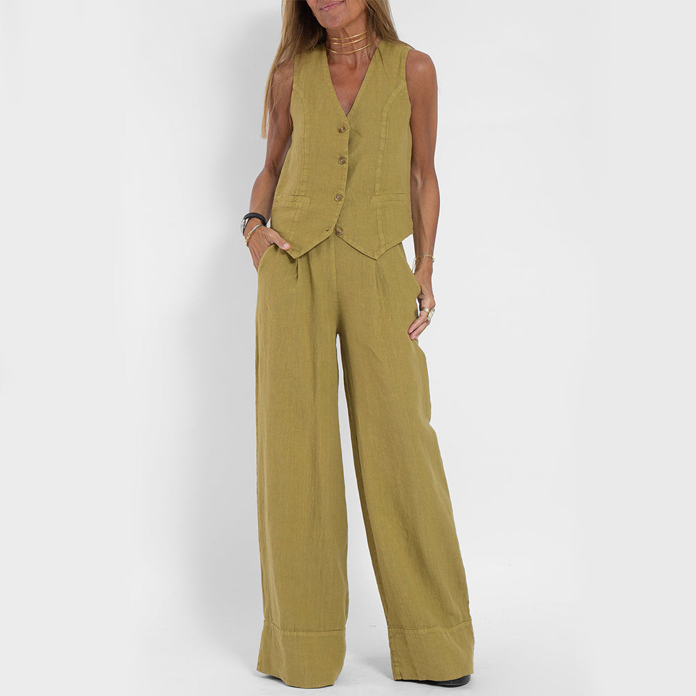 Maud™ – Zomers damespak met V-hals top & rechte broek