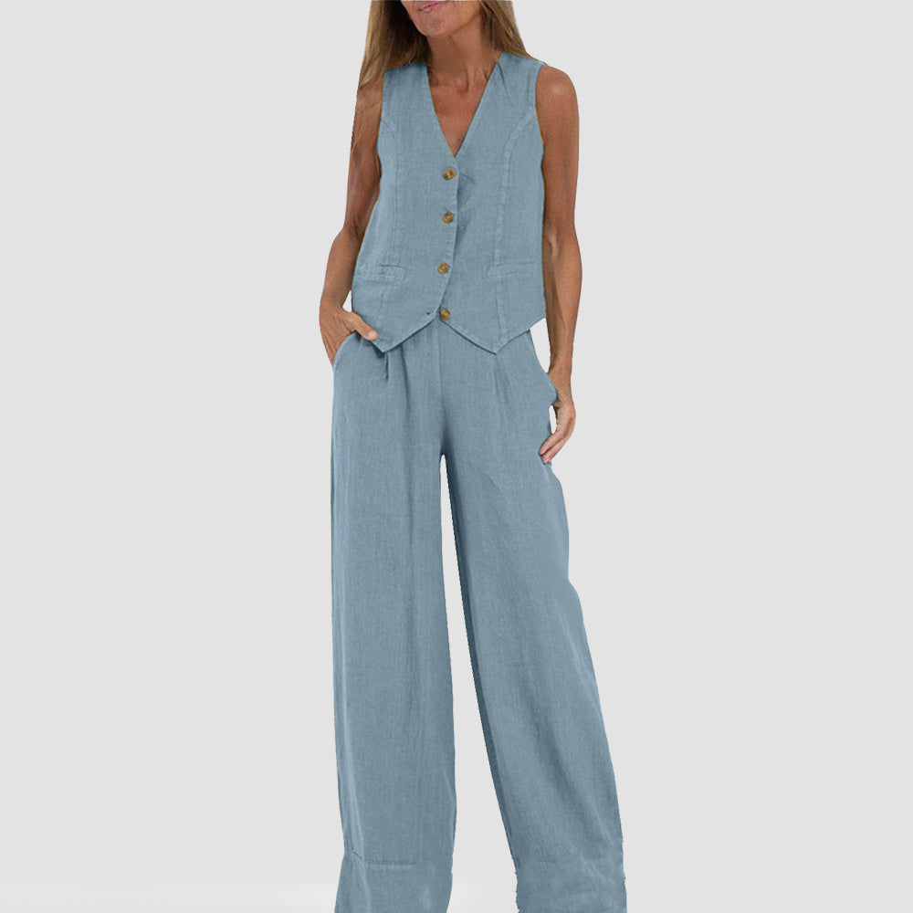 Maud™ – Zomers damespak met V-hals top & rechte broek