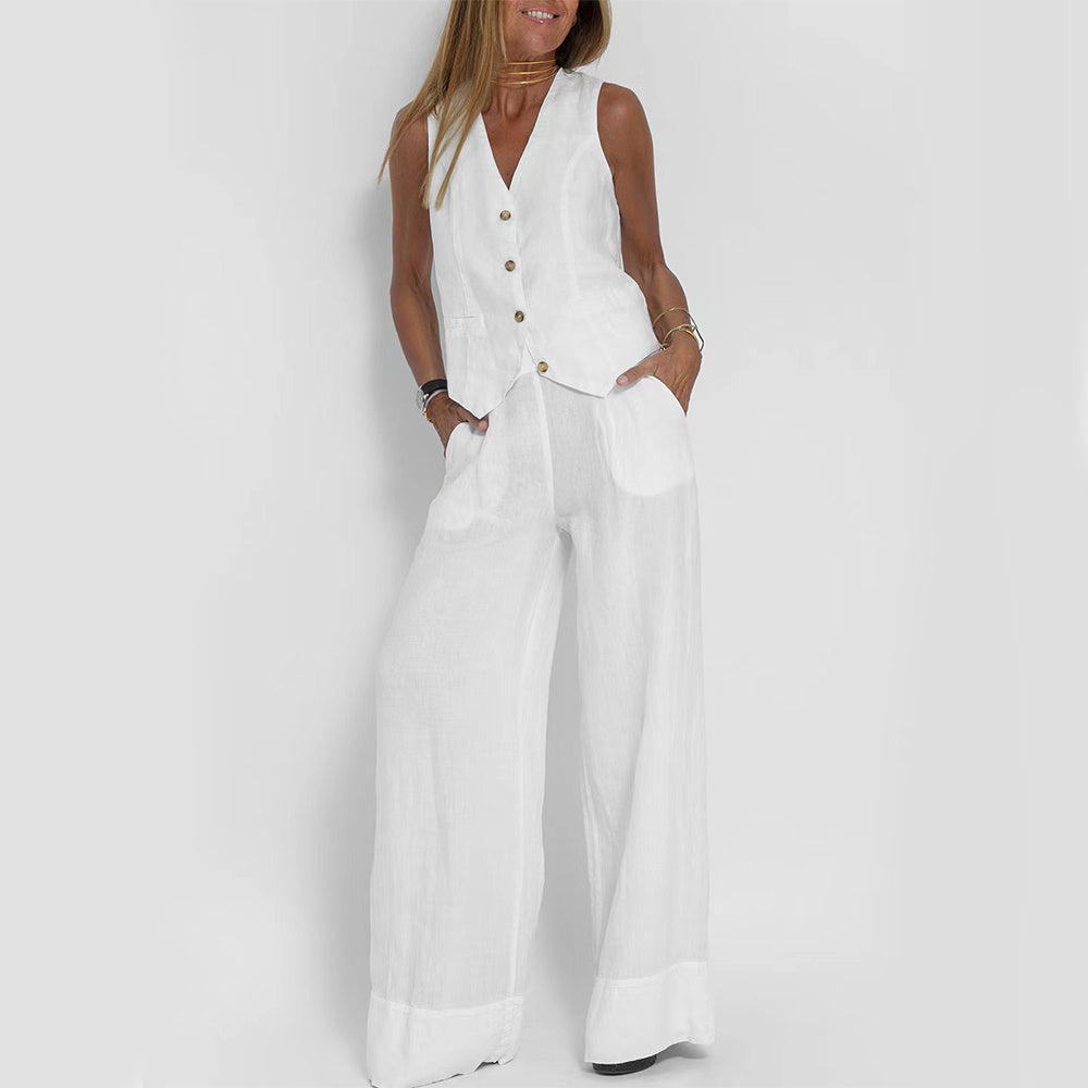 Maud™ – Zomers damespak met V-hals top & rechte broek