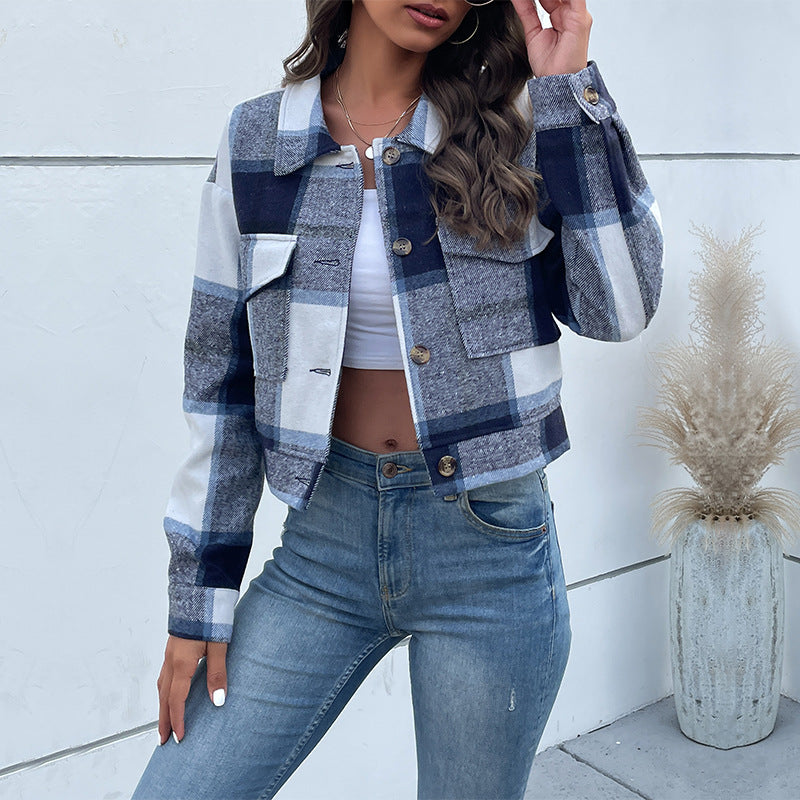 Plaid Cropped Jacket met Knopen en Zakken