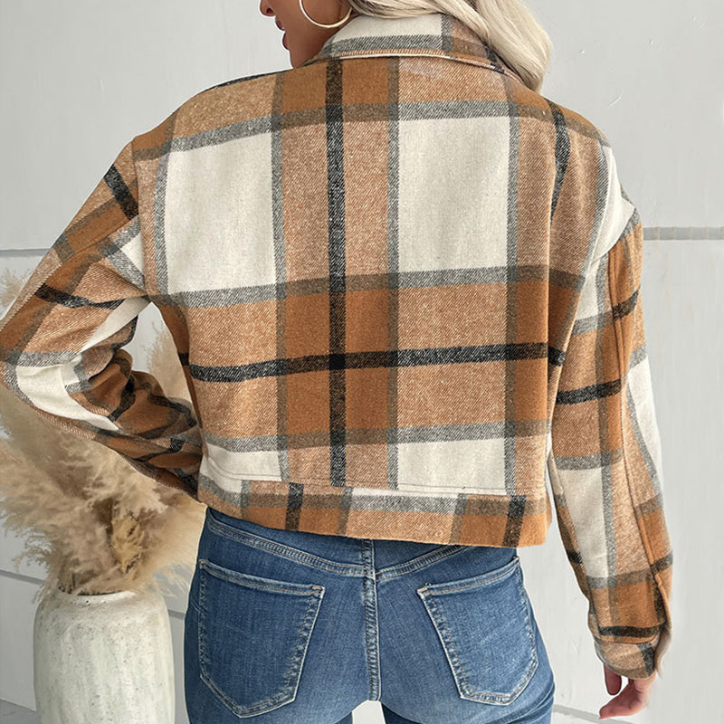 Plaid Cropped Jacket met Knopen en Zakken