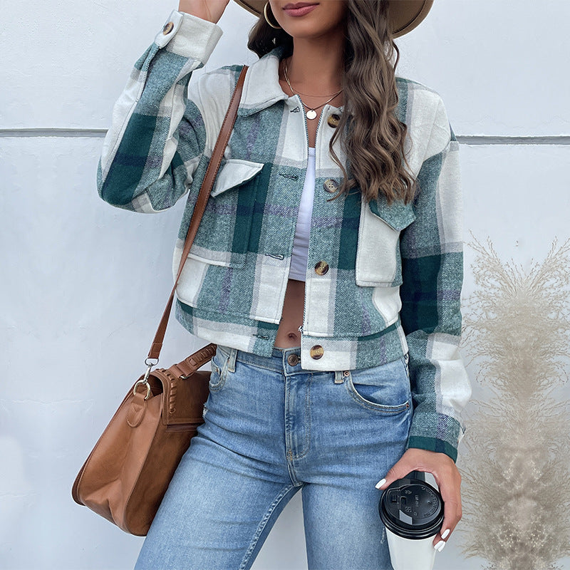 Plaid Cropped Jacket met Knopen en Zakken