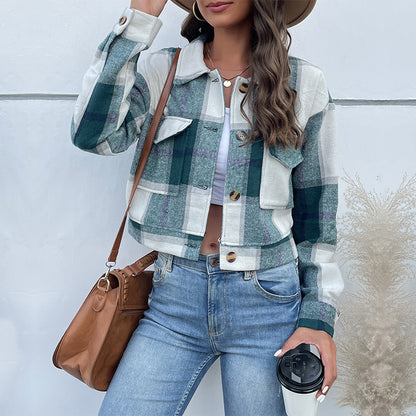 Plaid Cropped Jacket met Knopen en Zakken