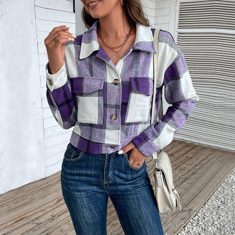 Plaid Cropped Jacket met Knopen en Zakken