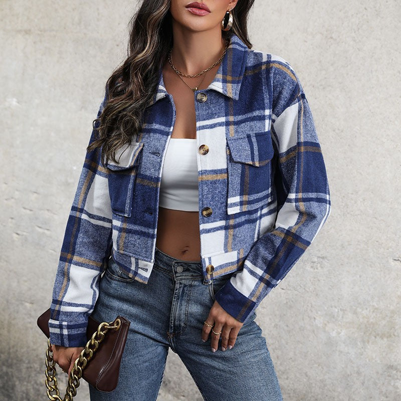 Plaid Cropped Jacket met Knopen en Zakken