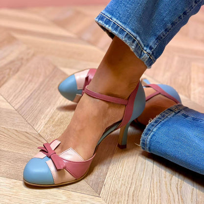 Ins Bow Sandals Summer Color-Matching Pointed Toe Buckle High Heels Pumps Women'S Shoes