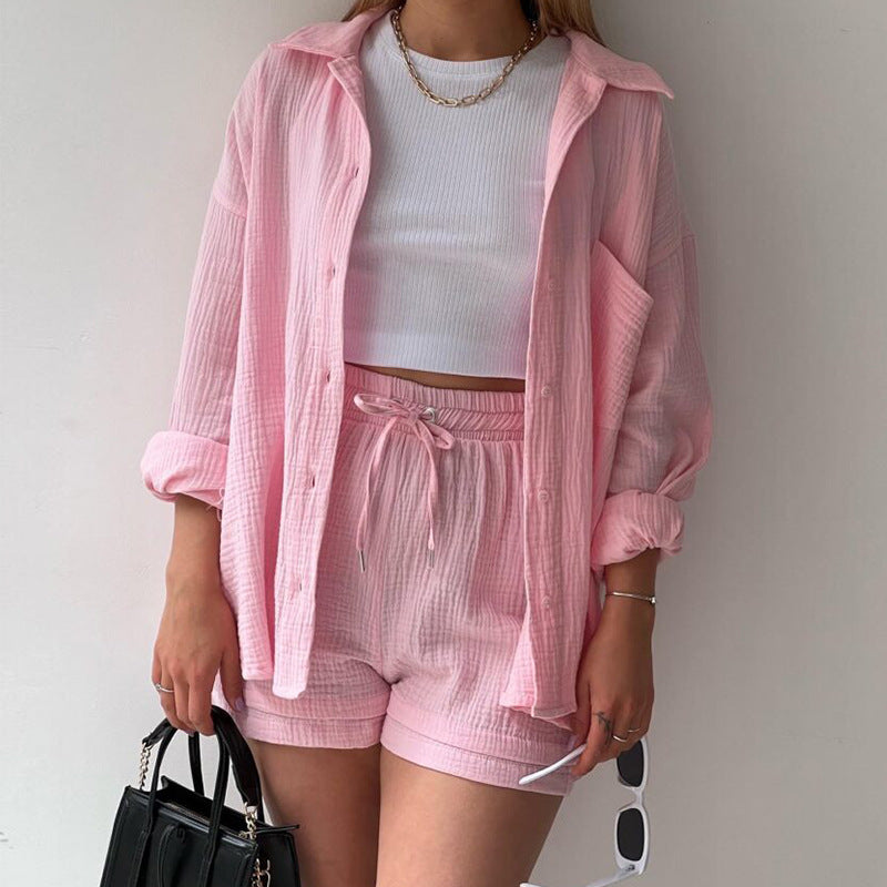 Women'S Wrinkled Fabric Lapel Long Sleeved Shirt Shorts Fashion Casual Set